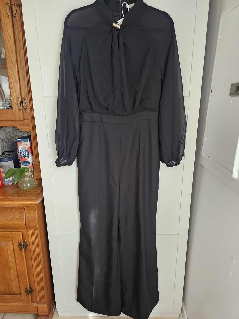 NWT Fehaute Black High-Neck Jumpsuit Wide Leg Sheer Chiffon Long Sleeve Size 8